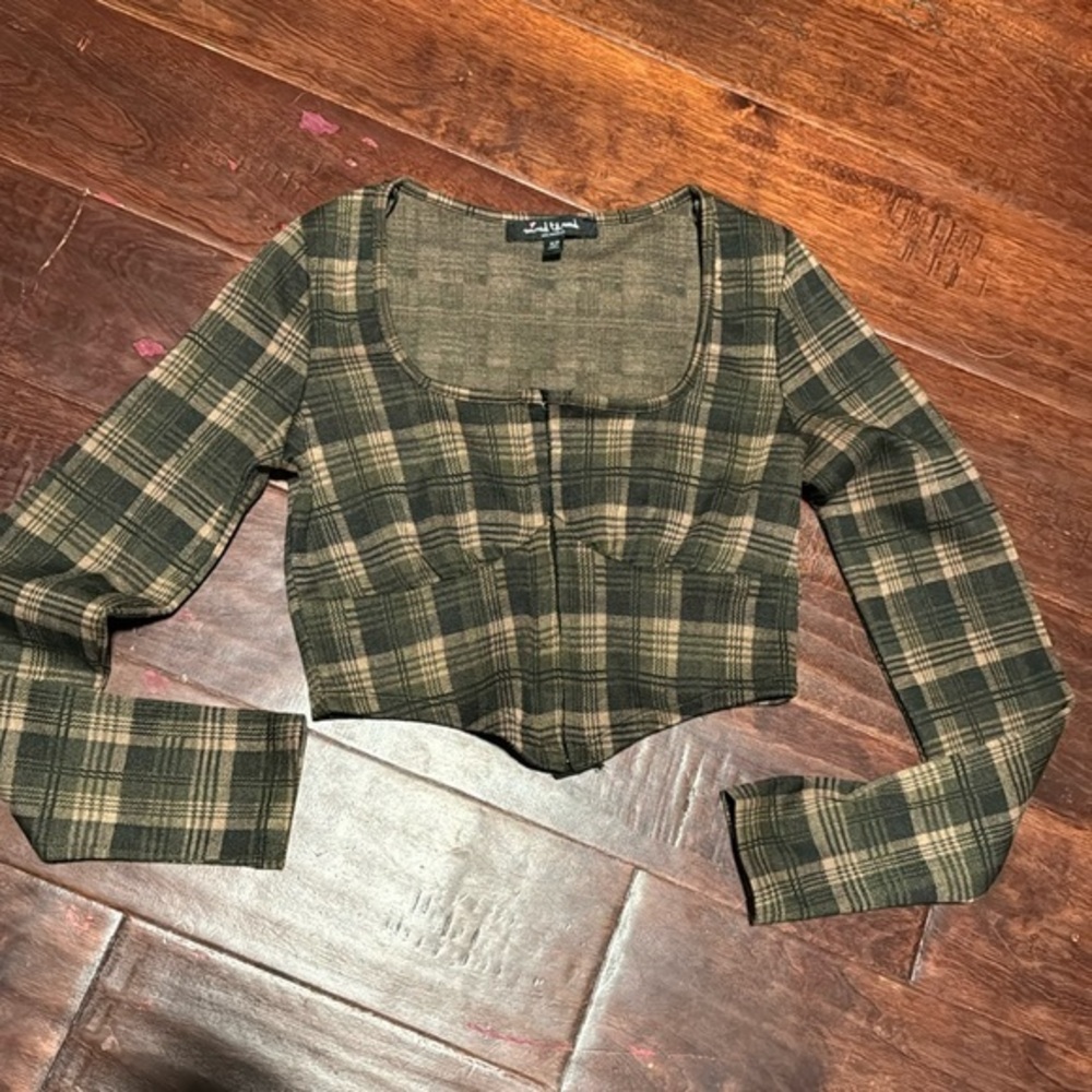 Mixed Threads Los Angeles corset top long sleeve brown tan charcoal plaid hooks